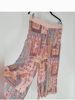 Melissa Paige Womens L Pleated Wide Leg Palazzo Pants Boho Paisley Mixed Print